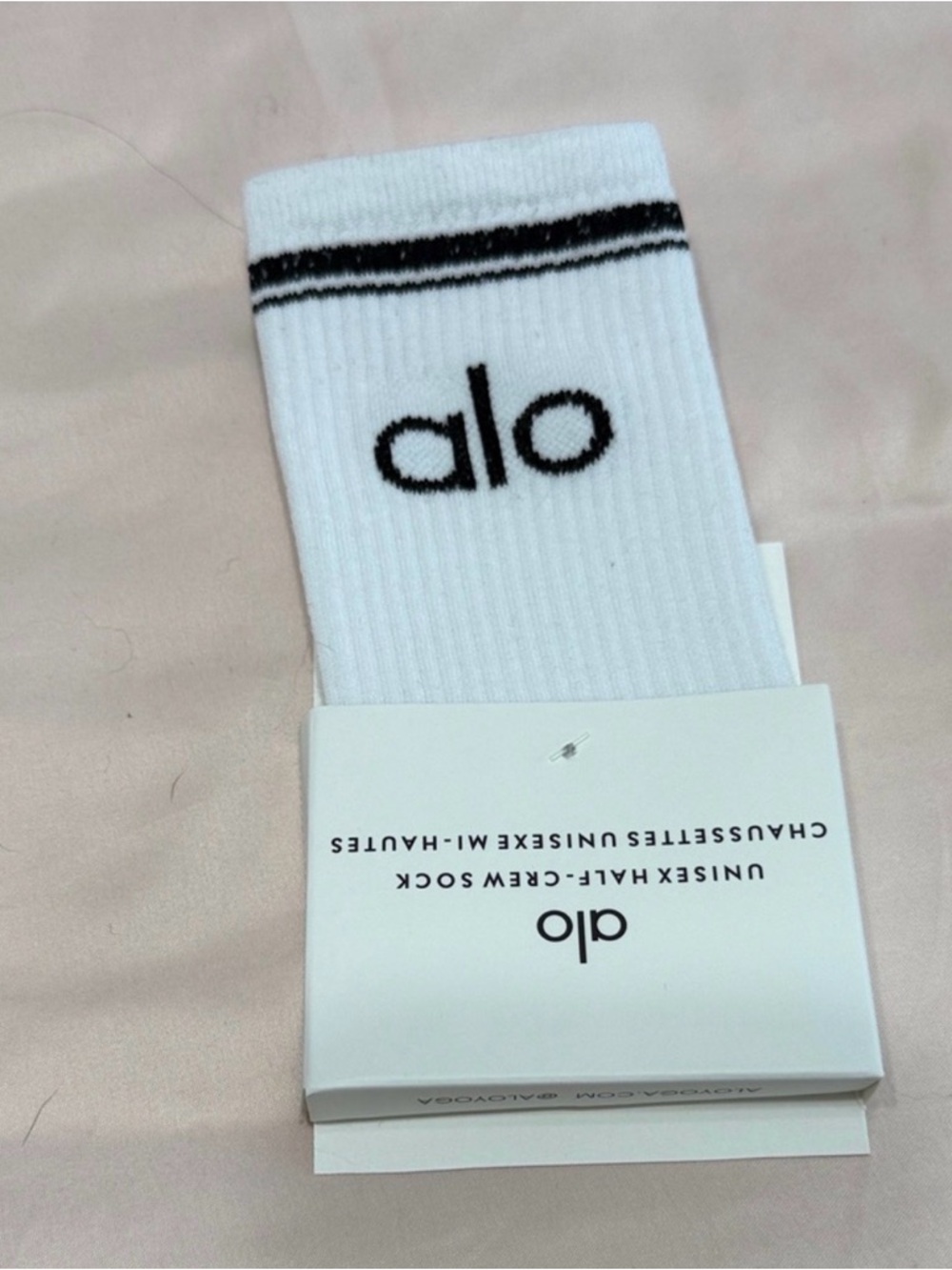ALO Yoga White Crew Socks with Black Logo and Stripes